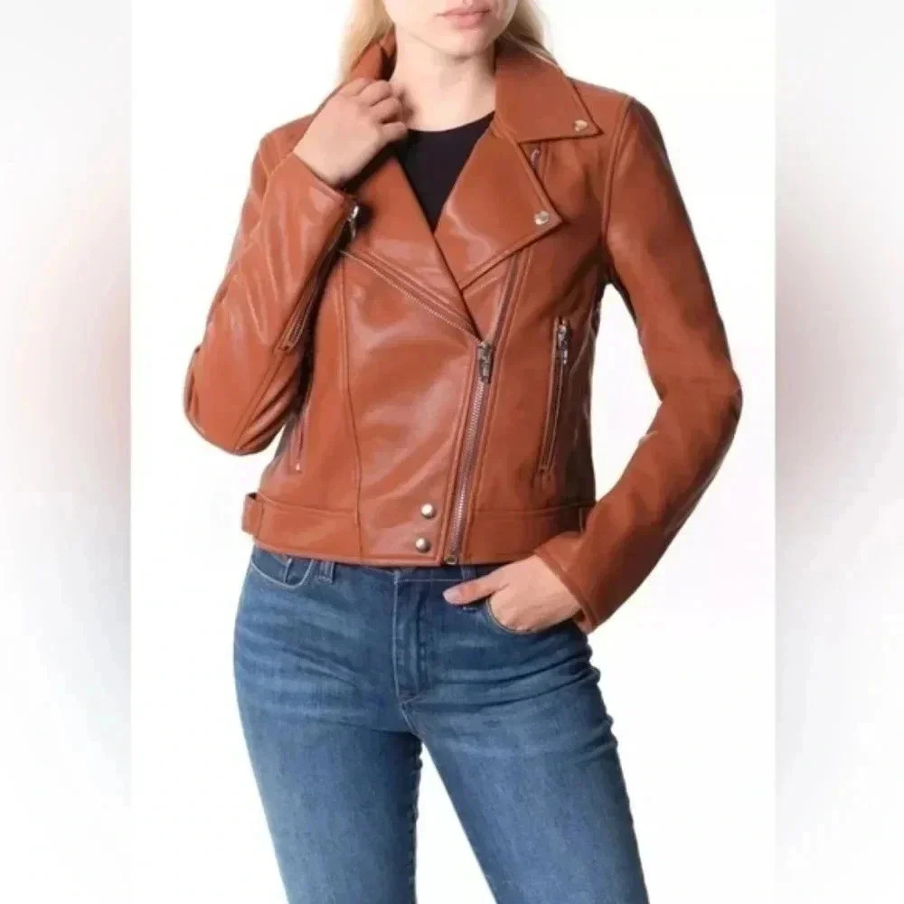 BLANKNYC Good Vibes Vegan Leather Motorcycle Jacket Chatter Box Cognac Brown XS